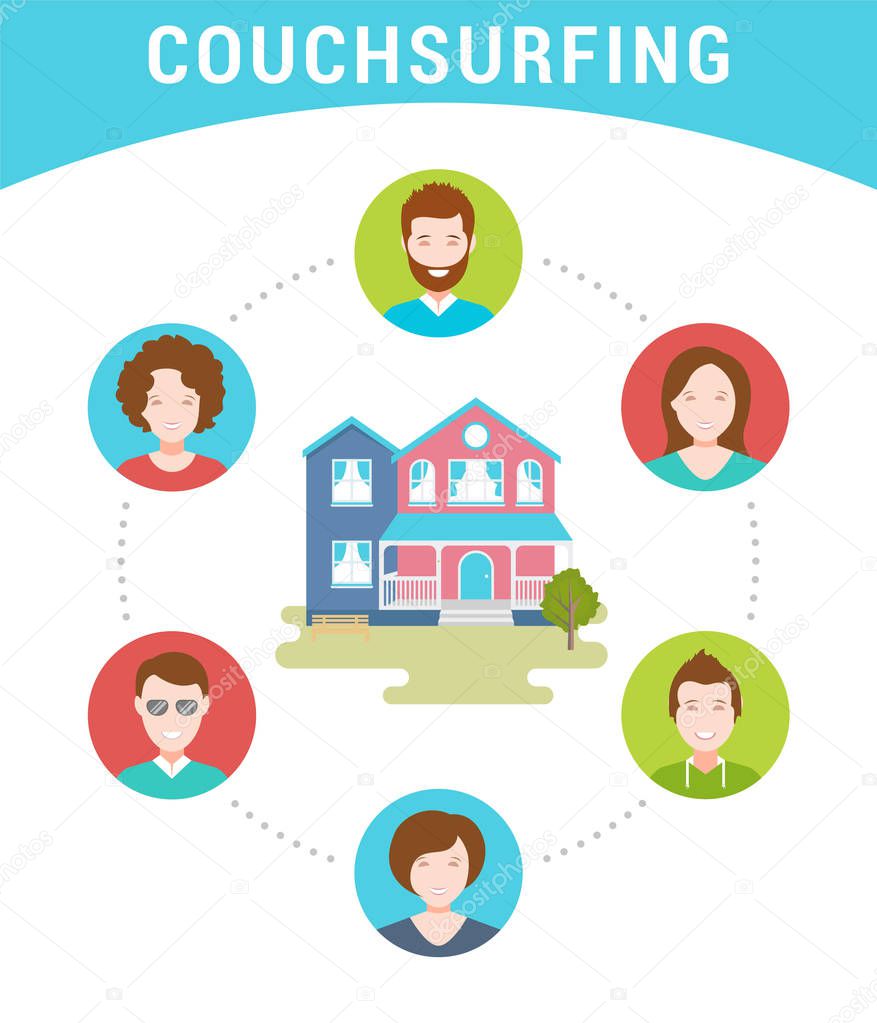Vector illustration of Couch Surfing. The cozy house, host and his guests. The modern infographic in a flat style.