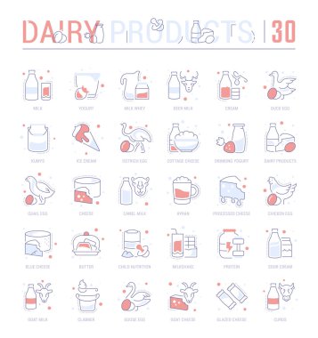 Collection of vector flat icons with thin line elements of dairy products. Set of clean design, and outline signs. Simple linear infographics and pictograms pack for web graphics and apps. clipart
