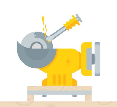 Düz stil tezgah değirmeni vektör Illustration. Beyaz bir arka plan üzerinde elektrik sarı aracı.