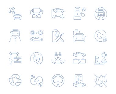 Vektör hat simgeler, işaret ve sembolleri modern kavramları, web ve apps için elektrikli araç kümesi. İnfographics elemanları, logolar ve semboller koleksiyonu.