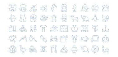 Mantar, balıkçılık ve avcılık öğelerle telefon kavramları ve web uygulamaları için düz tasarım vektör hat simgeler, işaret ve sembolleri ayarlayın. Koleksiyon modern Infographic logo ve piktogram.