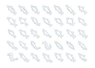Modern kavramlar, ağ ve uygulamalar için vektör çizgisi simgeleri, işaret ve tatlı su balığı sembolleri. Bilgi grafiği ögeleri, logolar ve piktogramlar koleksiyonu.