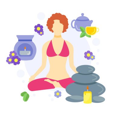 Bir kadın düz stil Yoga konumda vektör Illustration. Rahatlama ve Spa resort. Medikal tedavi