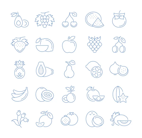 Establecer Iconos Línea Vectorial Diseño Plano Fruta Comida Vegetariana Con — Archivo Imágenes Vectoriales