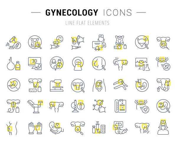Set of vector line icons and signs with yellow squares of gynecology for excellent concepts. Collection of infographics logos and pictograms.