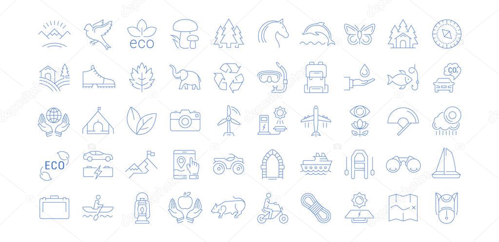 Set vector line icons in flat design eco, ecotourism and recycle with elements for mobile concepts and web apps. Collection modern infographic logo and pictogram.