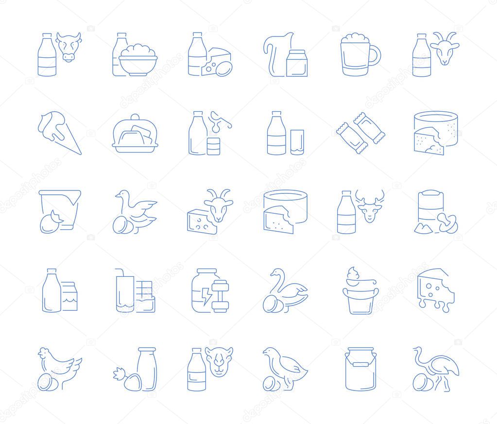 Set of vector line icons, sign and symbols of dairy products for modern concepts, web and apps. Collection of infographics elements, logos and pictograms.