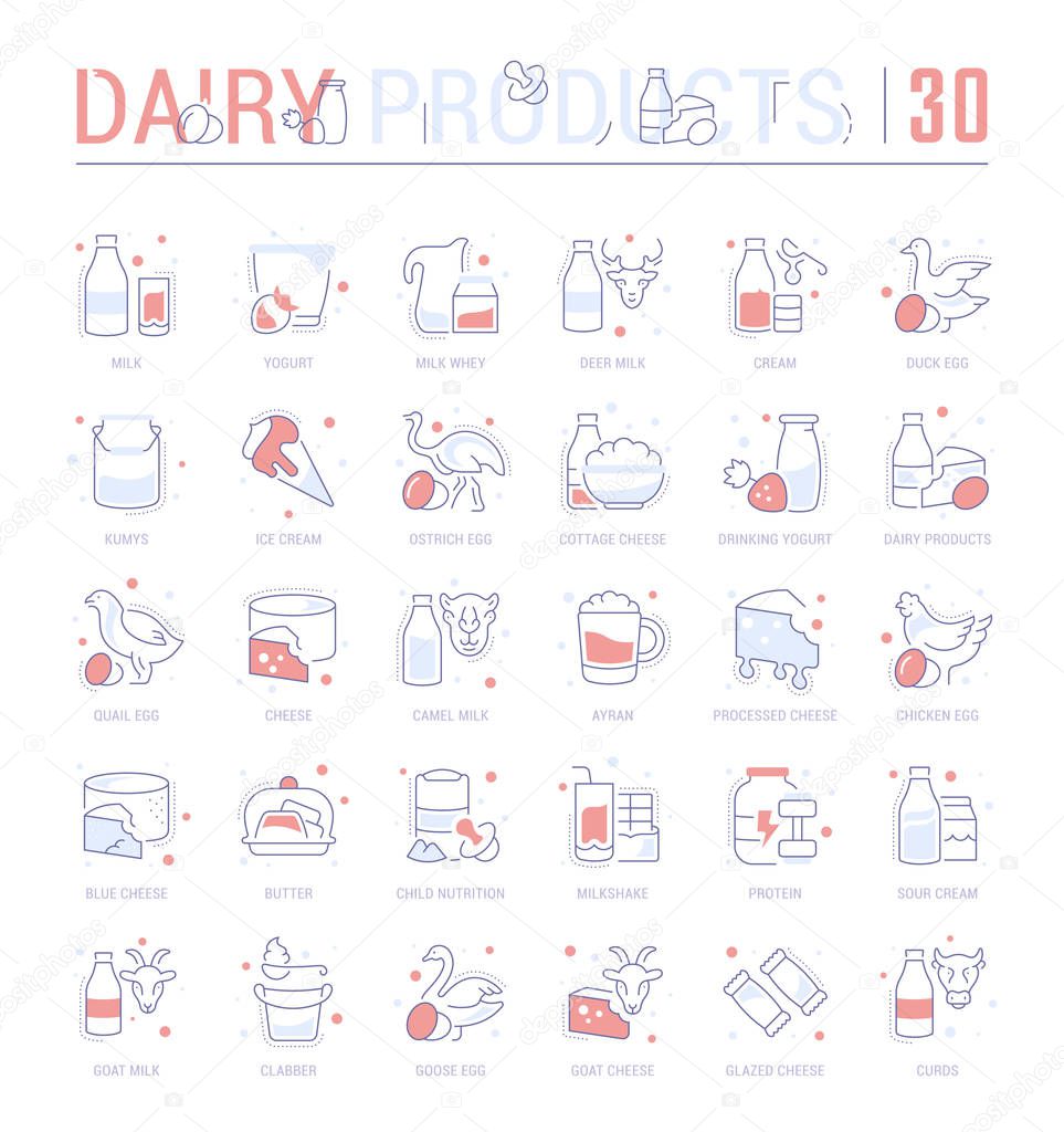 Collection of vector flat icons with thin line elements of dairy products. Set of clean design, and outline signs. Simple linear infographics and pictograms pack for web graphics and apps.