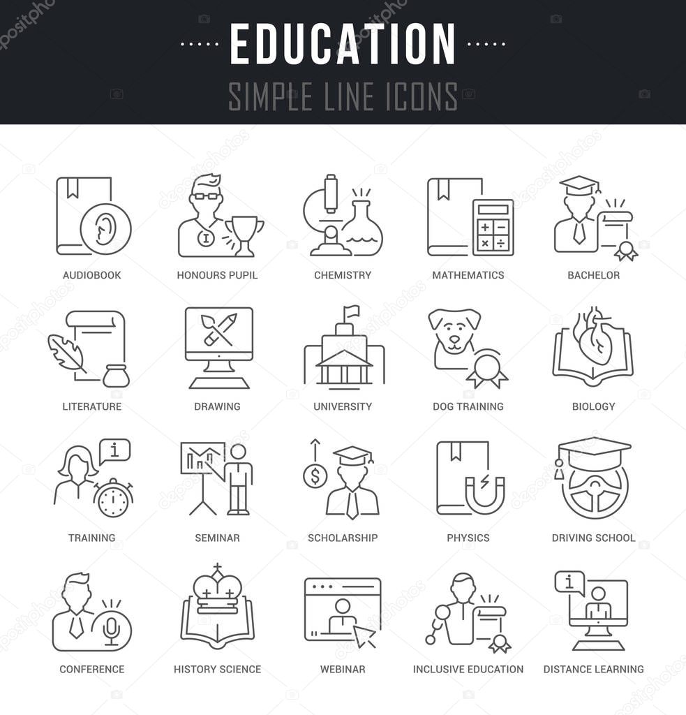 Set of linear icons of education with names.