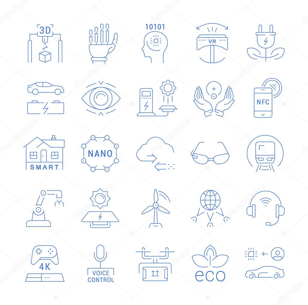 Set vector line icons in flat design future technology, eco energy, smart tech and electric transportation with elements for mobile concepts and web. Collection modern infographic logo and pictogram.