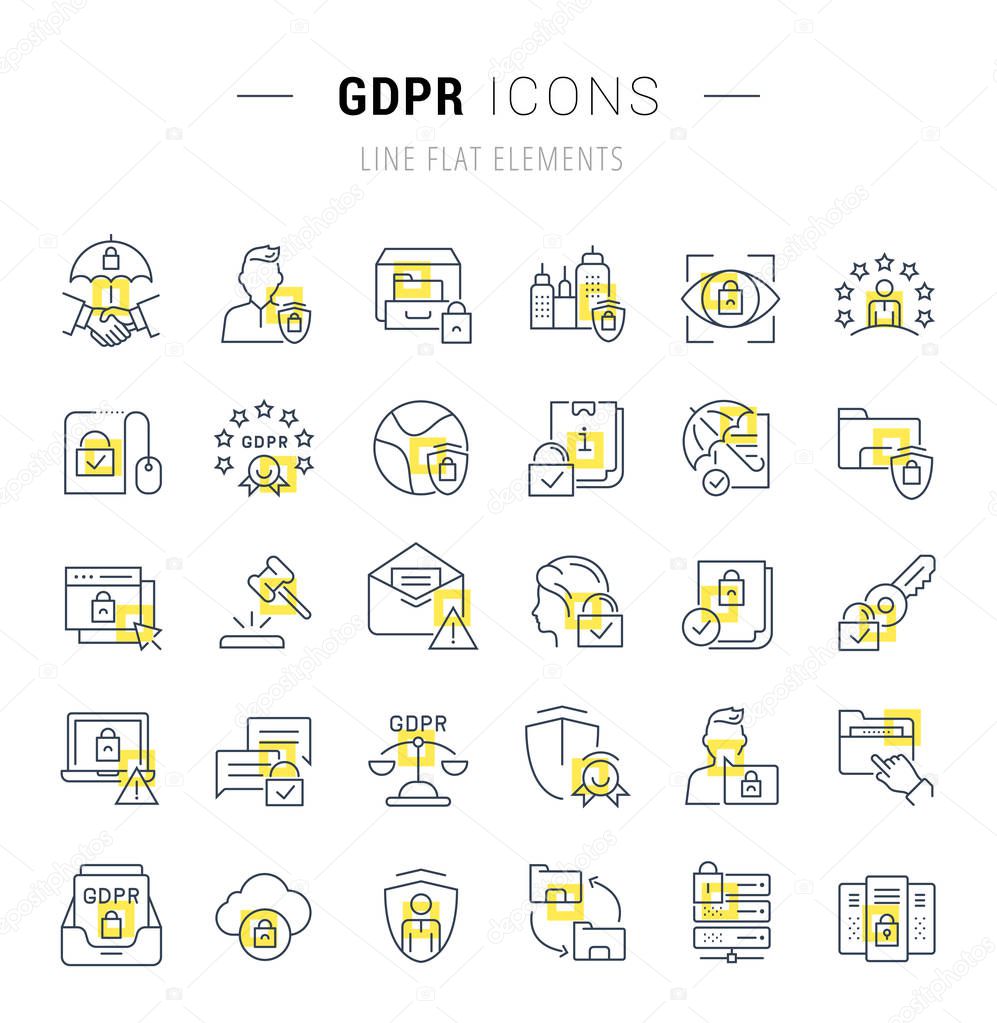 Set of vector line icons and signs with yellow squares of gdpr for excellent concepts. Collection of infographics logos and pictograms.