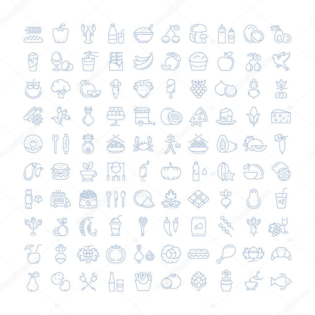 Big set vector line icons meal, seafood, fruit, vegetables and fast food in flat design with elements for mobile concepts and web. Collection modern infographic logo and pictogram.