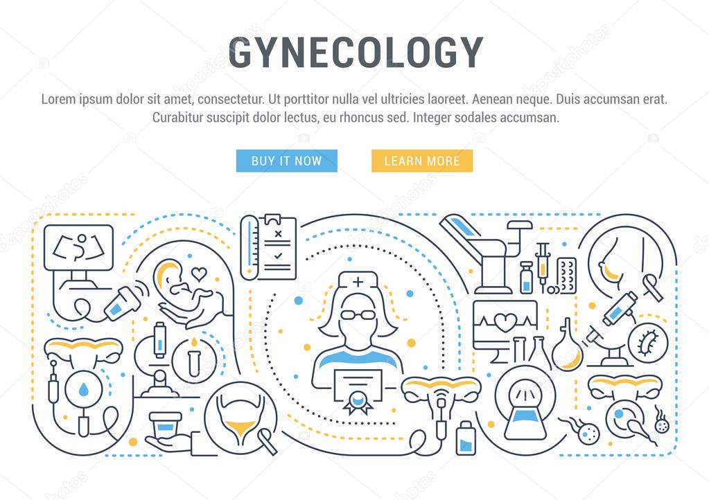 Vector banner of the gynecology. Linear illustration of the treatment of gynecological diseases.
