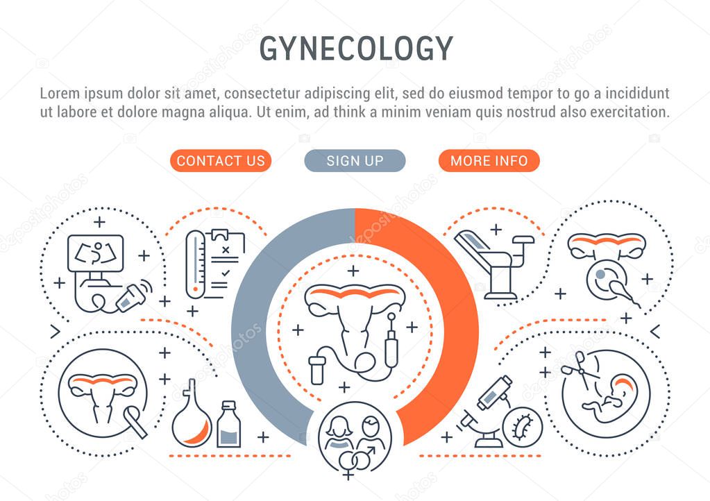Vector banner of the gynecology. Linear illustration of the treatment of gynecological diseases.