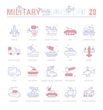 Vektör düz simgeler koleksiyonu askeri nakliye ince çizgi unsurları ile. Temiz tasarım ve anahat işaretleri kümesi. Web grafikleri ve uygulamalar için basit doğrusal infographics ve sembollerin paketi.