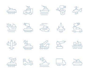 Vektör satır simgeler, işaret ve sembolleri modern kavramları, web ve apps yönelik askeri taşıma kümesi. İnfographics elemanları, logolar ve semboller koleksiyonu.