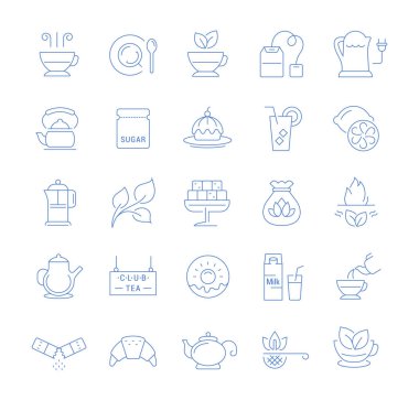 Mobil kavramlar ve web uygulamaları için elementlerle düz tasarım çay ve kahvaltıda vektör çizgisi simgelerini ayarlayın. Koleksiyon modern bilgi logosu ve pictogram.