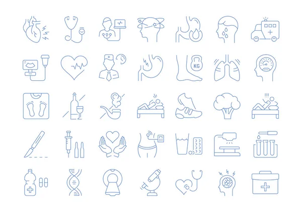 Establezca Iconos Línea Vectorial Signos Símbolos Diseño Plano Ataque Corazón — Archivo Imágenes Vectoriales