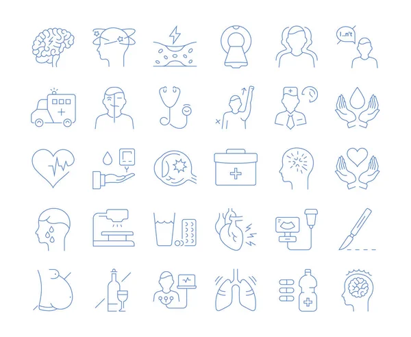 Establezca Iconos Línea Vectorial Signos Símbolos Diseño Plano Enfermedades Cerebrovasculares — Vector de stock