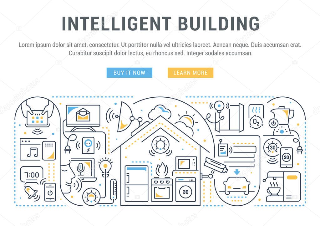 Line banner of intelligent building. Vector illustration of the linear concept of the smart home.