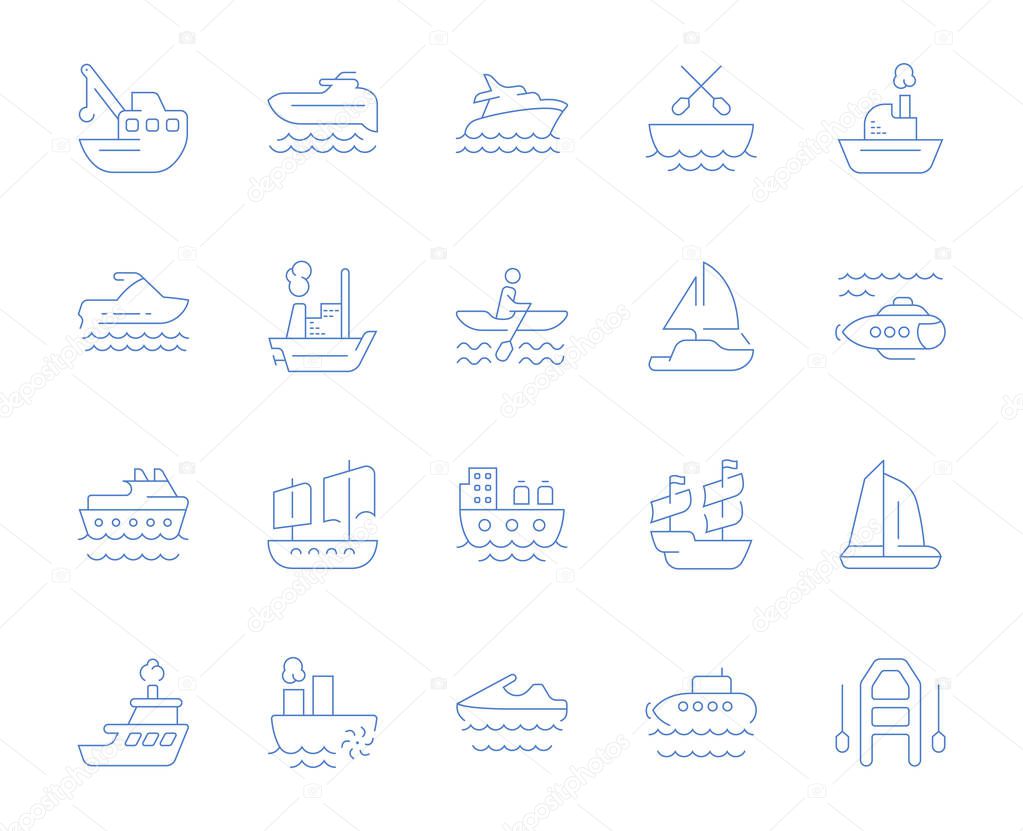 Set of vector line icons, sign and symbols of maritime transport for modern concepts, web and apps. Collection of infographics elements, logos and pictograms.