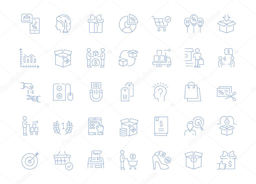 Set of vector line icons of marketing for modern concepts, web and apps. Collection of infographics elements, logos and pictograms.