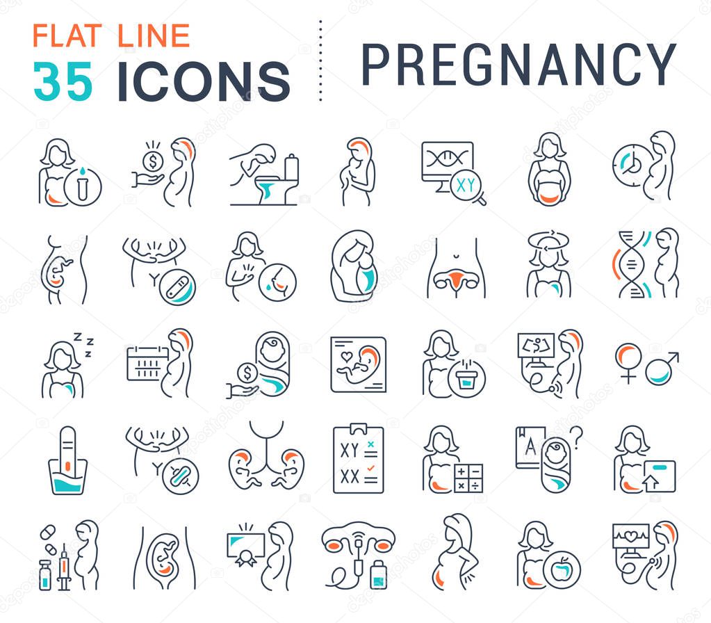 Set of vector line icons of pregnancy for modern concepts, web and apps.