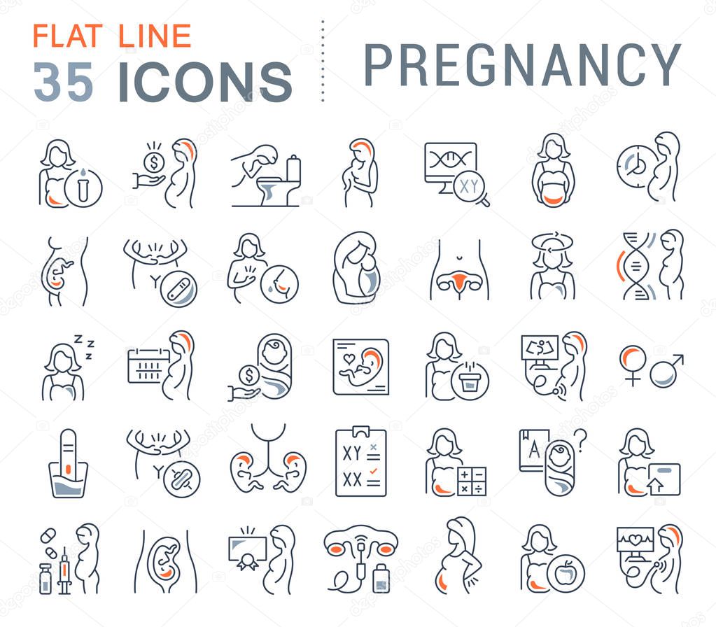 Set of vector line icons of pregnancy for modern concepts, web and apps.