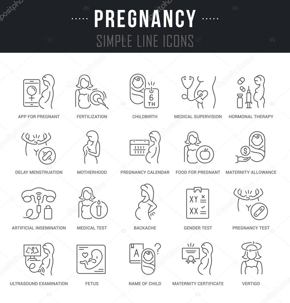 Set of linear icons of pregnancy with names.