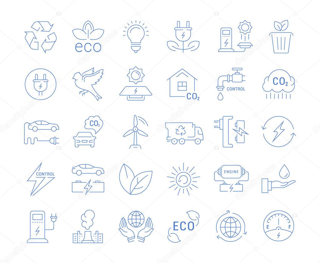 Set vector line icons in flat design recycling, eco, bio, clean energy, save water and world with elements for mobile concepts and web apps. Collection modern infographic logo and pictogram.