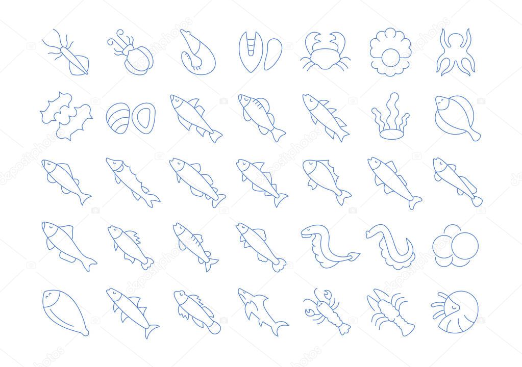 Set of vector line icons, sign and symbols of seafood for modern concepts, web and apps. Collection of infographics elements, logos and pictograms.