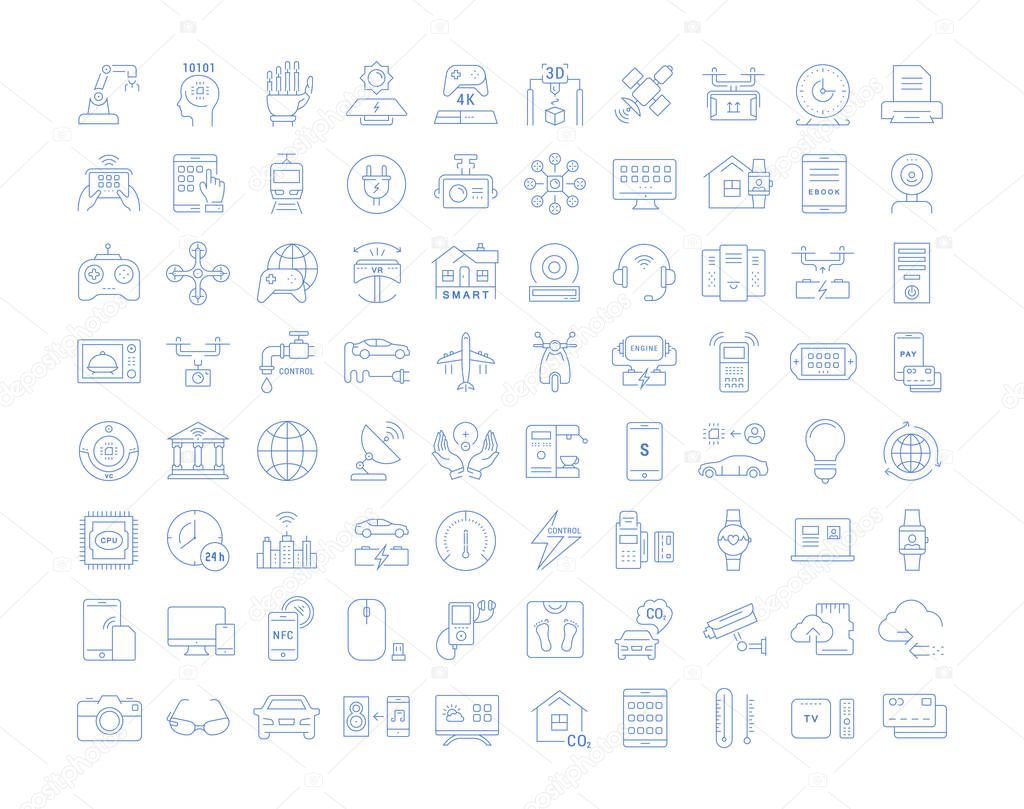 Set vector line icons in flat design technology, electric car, smart city, house , internet of things, online payment. Elements for mobile concepts. Collection modern infographic logo and pictogram.