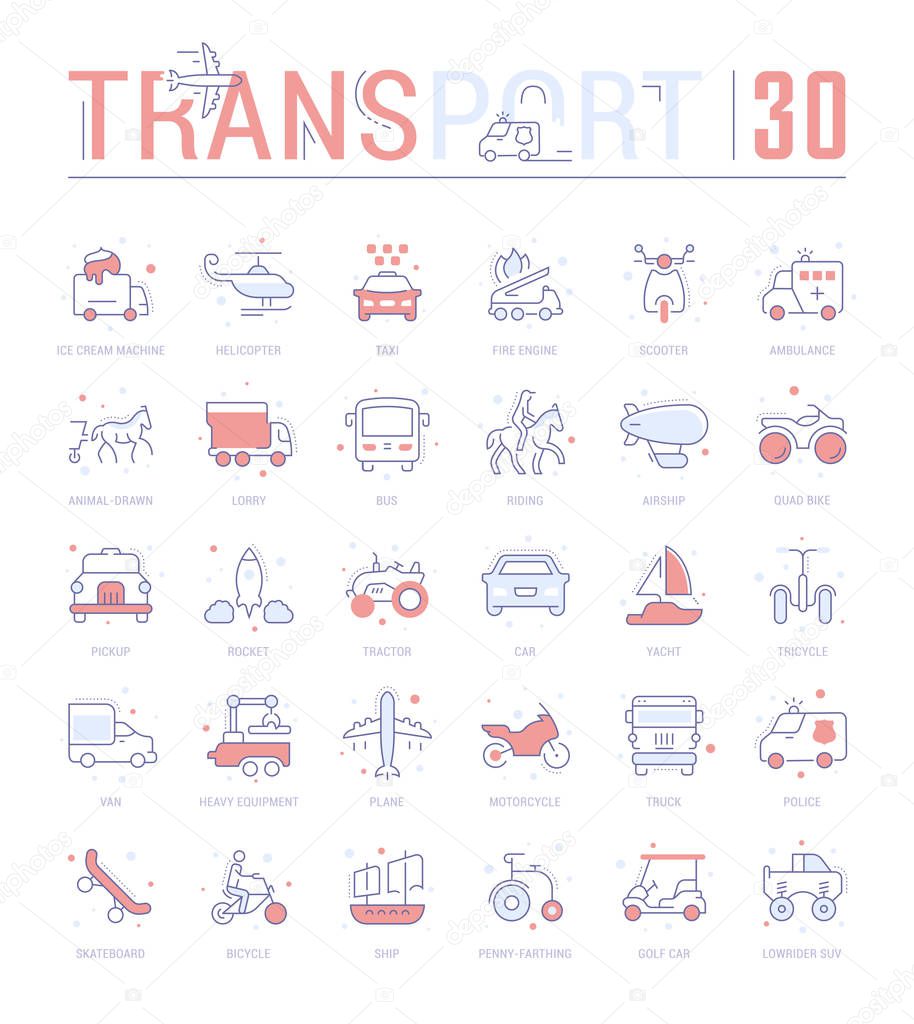 Collection of vector flat icons with thin line elements of means of transport. Set of clean design, and outline signs. Simple linear infographics and pictograms pack for web graphics and apps.