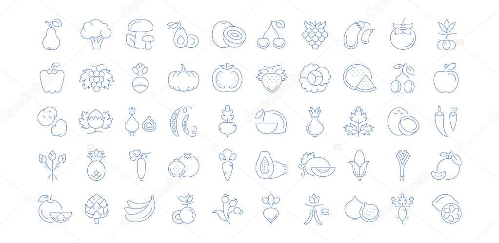 Set vector line icons in flat design Vegetable, Fruit and Healthy food with elements for mobile concepts and web apps. Collection modern infographic logo and pictogram.