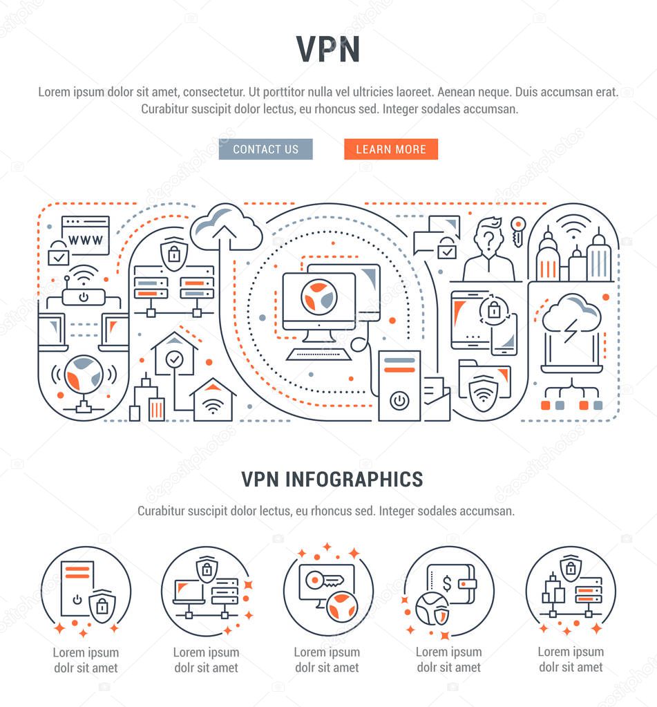 Line banner of VPN. Vector illustration of the linear concept of process network connections.