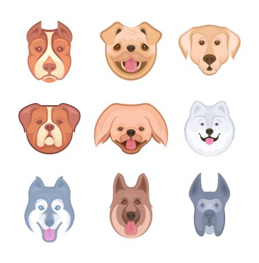 Labrador geri almak, Pekingese, Pug, Bulldog, Siberian dış yapraklar, Pitbull, Alman çoban ve Danua Illustration. Evde beslenen hayvan dükkan, hayvan barınakları, köpek göstermek ve diğerleri için etiketleri.