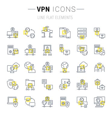 Vpn sarı kareler mükemmel kavramları ile vektör hat simgeler ve işaretler kümesi. İnfographics logolar ve semboller koleksiyonu.