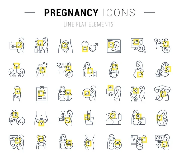 優秀な概念のための妊娠の黄色の正方形のベクター線のアイコンと記号のセットです インフォ グラフィック ロゴとピクトグラム集 — ストックベクタ