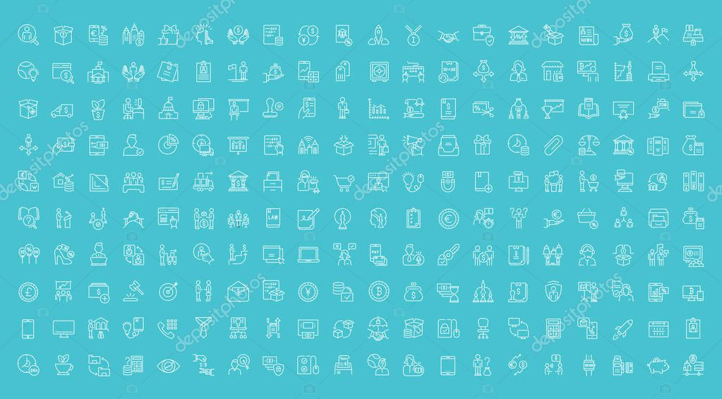 Collection of line white icons of business and finance. Set of vector simple elements with bold outlines on a color background. Info graphics signs and pictograms.