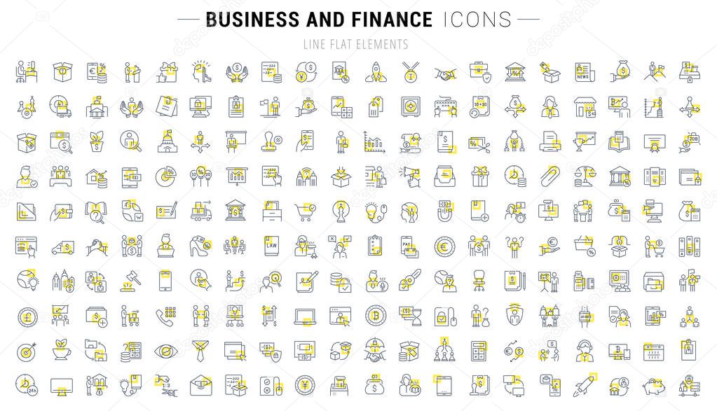 Set of vector line icons and signs with yellow squares of business and finance for excellent concepts. Collection of infographics logos and pictograms.