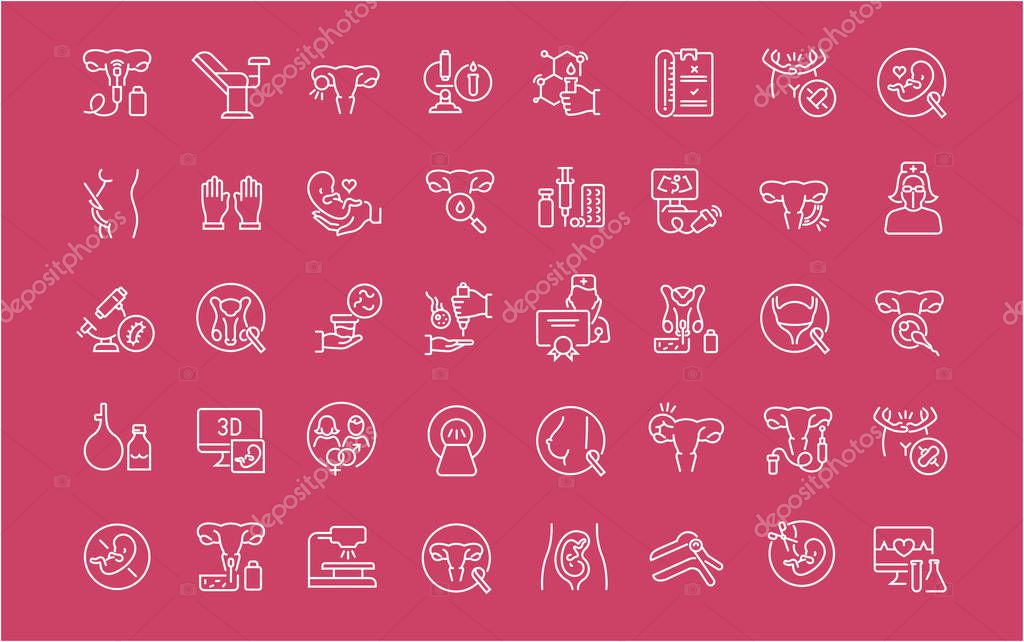 Collection of line white icons of gynecology. Set of vector simple elements with bold outlines on a color background.