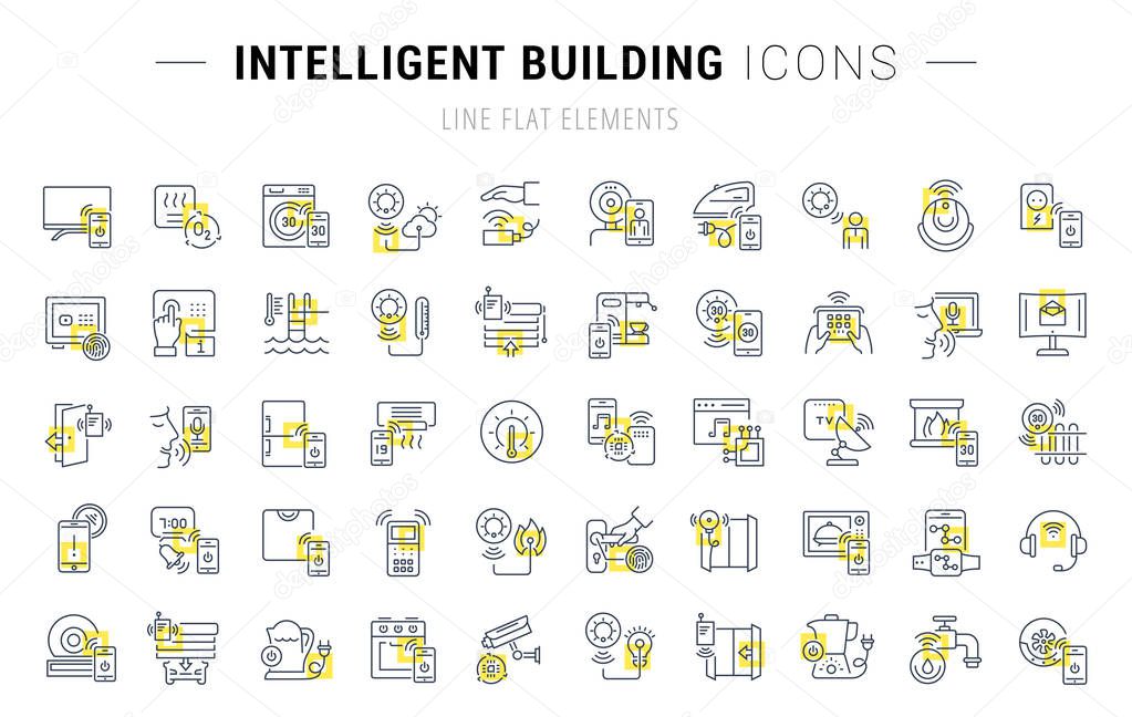 Set of vector line icons and signs with yellow squares of intelligent building for excellent concepts. Collection of infographics logos and pictograms.