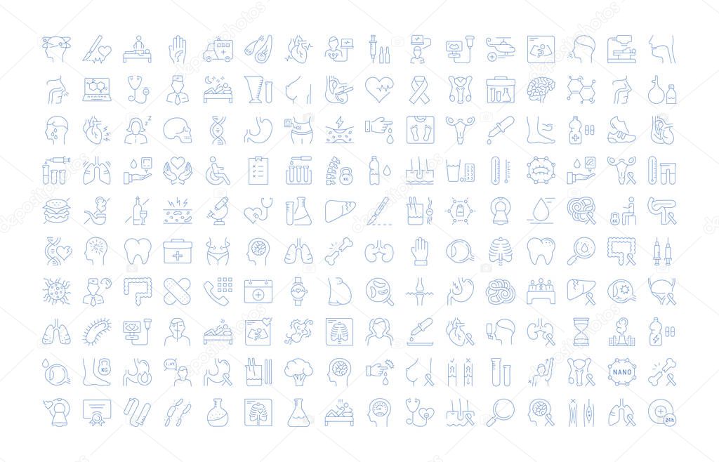 Set vector line icons, sign and symbols in flat design medicine and health with elements for mobile concepts and web apps. Collection modern infographic logo and pictogram.