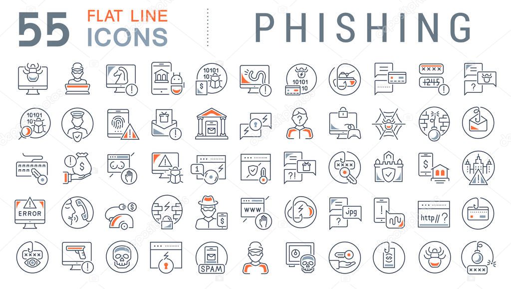 Set of vector line icons of phishing for modern concepts, web and apps.