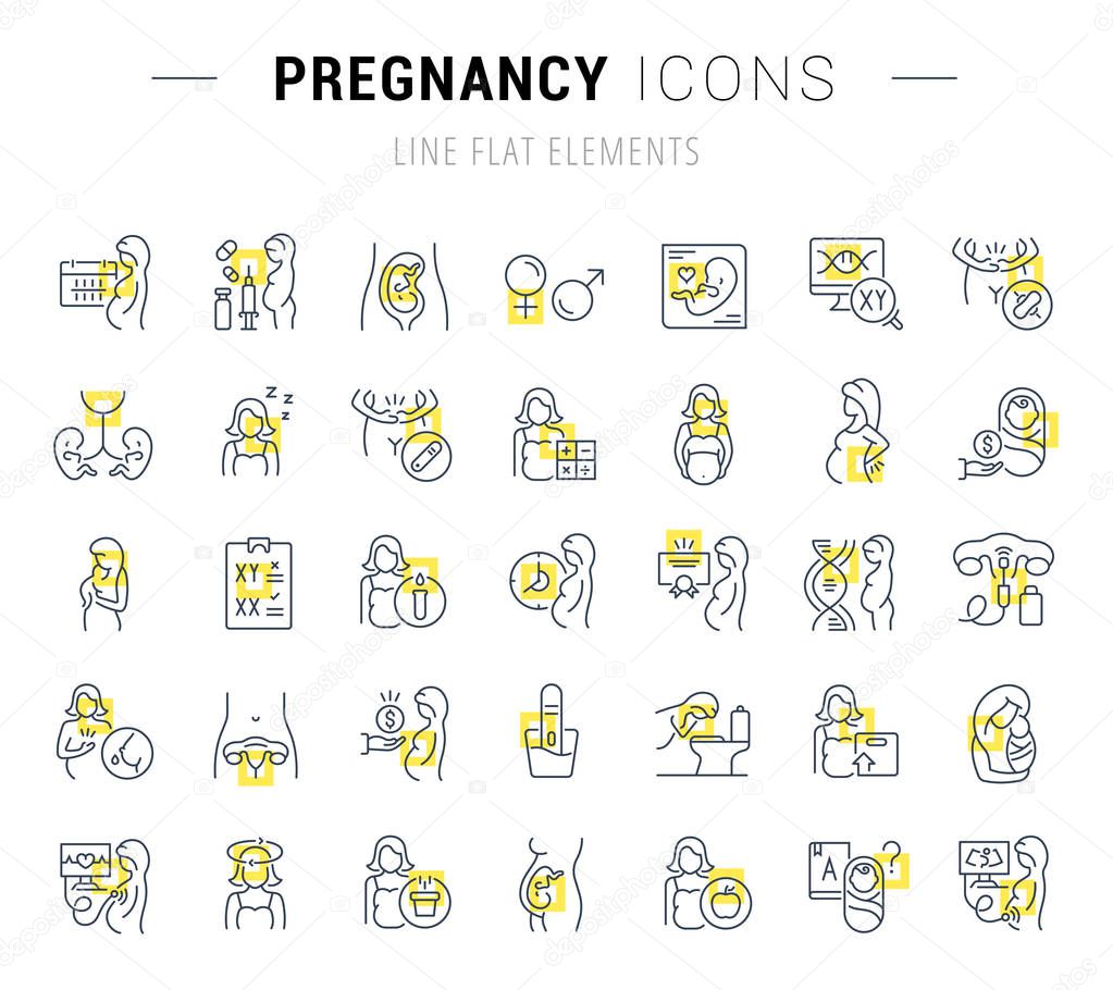 Set of vector line icons and signs with yellow squares of pregnancy for excellent concepts. Collection of infographics logos and pictograms.