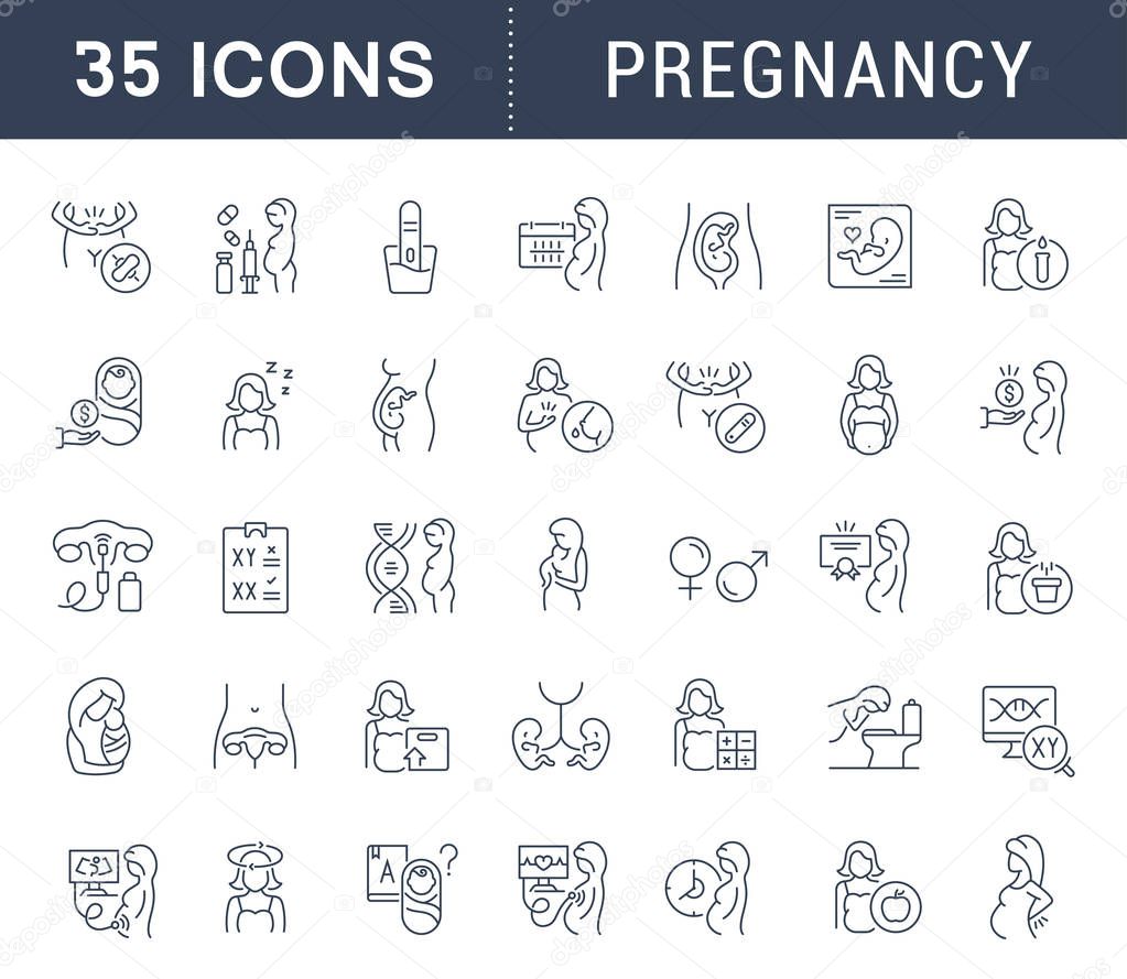 Set of vector line icons of pregnancy for modern concepts, web and apps.