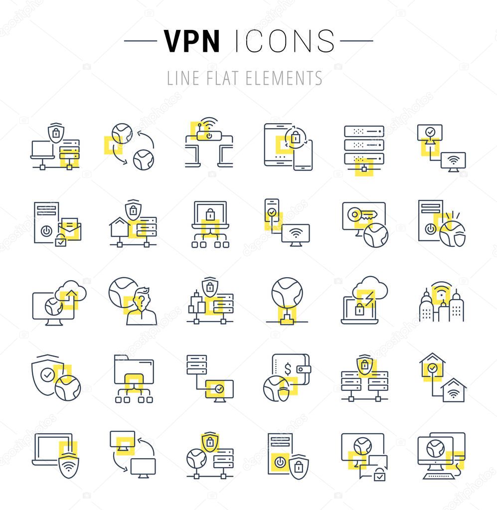 Set of vector line icons and signs with yellow squares of VPN for excellent concepts. Collection of infographics logos and pictograms.