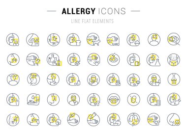 Set of vector line icons and signs with yellow squares of allergy for excellent concepts. Collection of infographics logos and pictograms. clipart