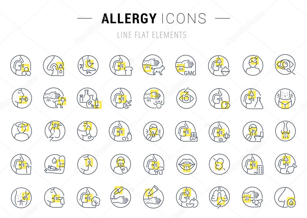 Set of vector line icons and signs with yellow squares of allergy for excellent concepts. Collection of infographics logos and pictograms.