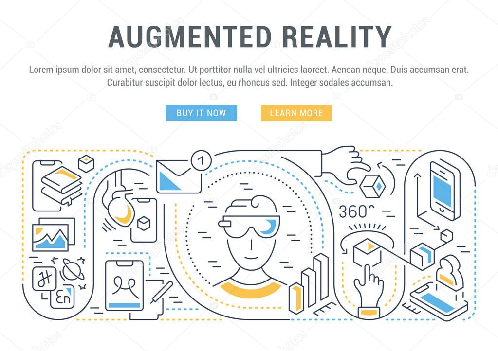 Linear banner of the augmented reality. Vector illustration with flat and isometric elements.